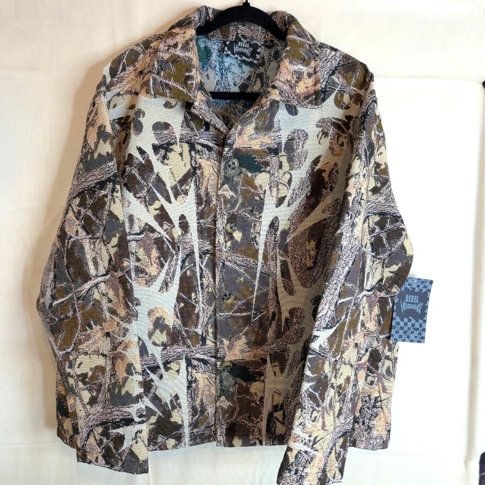 Rebel‎ Vengeance Mens Tapestry Streetwear Camo Button Up Jacket Brown Small NEW